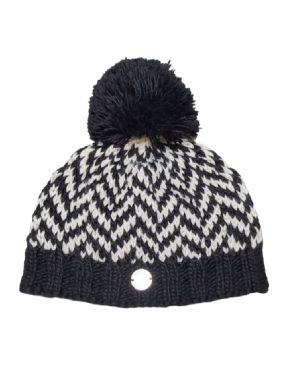 Pleau Wool Blend Knit Beanie Black White Chevron Pom Pom Winter Toque Hat